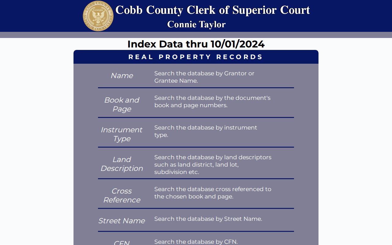 Marietta people search fields in the Cobb real estate deed index