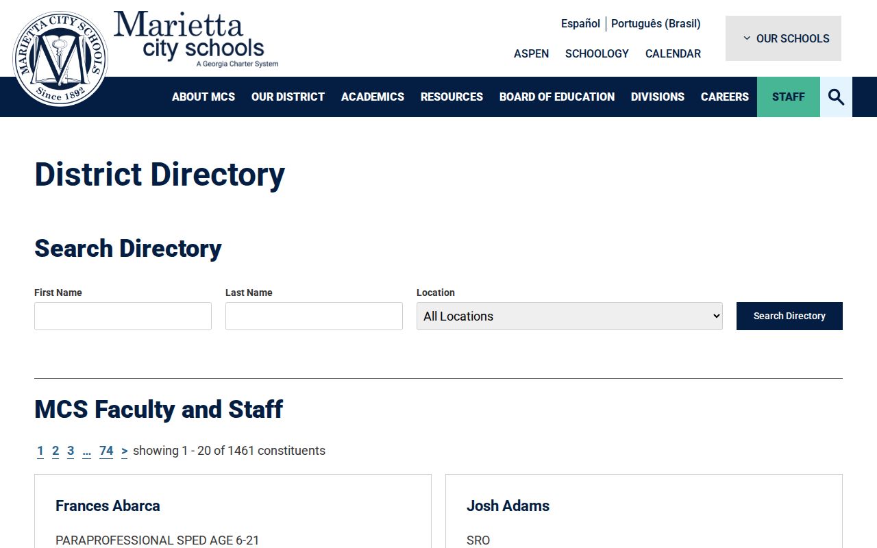 Marietta people directories City Schools district staff search